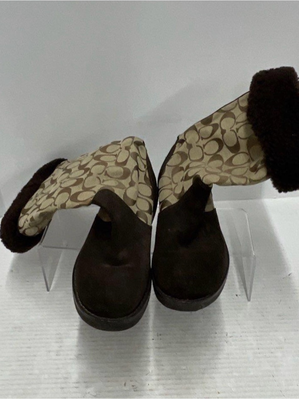 Coach Kally Women's Monogram Brown Suede Faux Fur Winter Boots Size 8.5 B COA